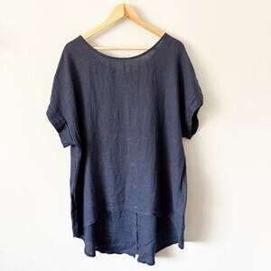 TERZO MILLENNIO | 100% Italian Linen Navy Blue Blouse Cap Sleeve Tunic | Size 1X